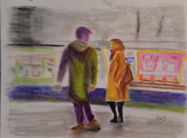 Drawing titled "Les gens du métro p…" by Jérôme Dufay, Original Artwork, Chalk