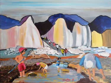 Painting titled "Les jeunes pêcheurs" by Jérôme Dufay, Original Artwork, Acrylic Mounted on Wood Stretcher frame