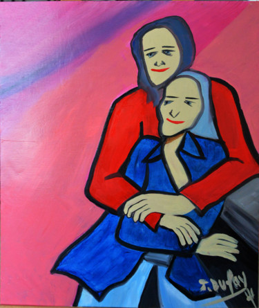 Schilderij getiteld "Mère et fille" door Jérôme Dufay, Origineel Kunstwerk, Olie