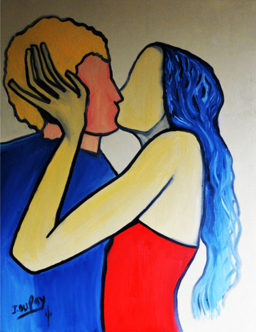 Painting titled "Baiser enflammé" by Jérôme Dufay, Original Artwork, Oil Mounted on Wood Stretcher frame