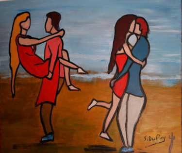 Painting titled "Jeux de plage" by Jérôme Dufay, Original Artwork, Oil Mounted on Wood Stretcher frame