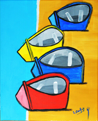 Painting titled "Quatre barques sur…" by Jérôme Dufay, Original Artwork, Acrylic Mounted on Wood Stretcher frame