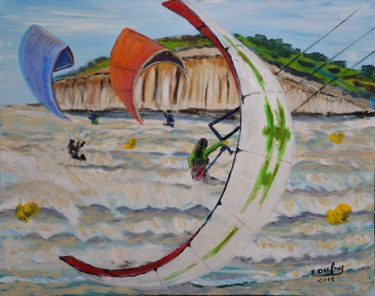 Painting titled "quiberville kitesurf" by Jérôme Dufay, Original Artwork, Acrylic