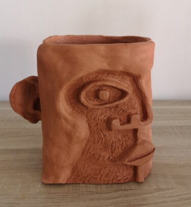 Скульптура под названием "Pot de fleur visage" - Jerome Franco, Подлинное произведение искусства, Керамика