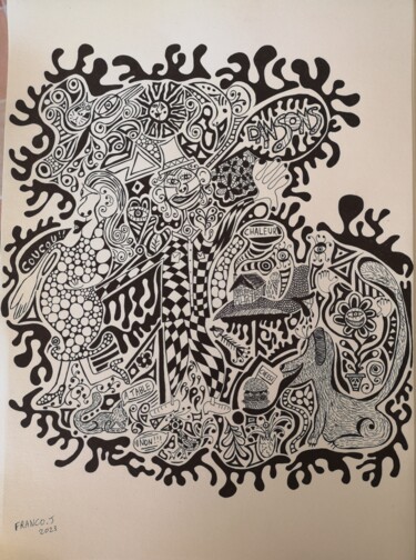 Drawing titled "La danse des fous" by Jerome Franco, Original Artwork, Gel pen