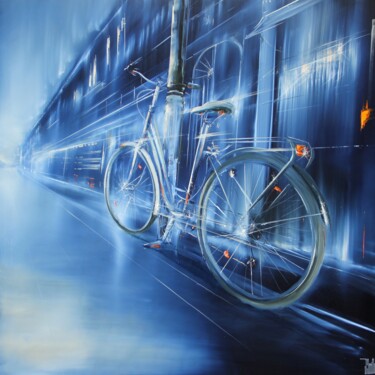 Schilderij getiteld "un vélo dans la vil…" door Jerome Guillet, Origineel Kunstwerk, Olie