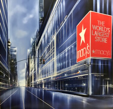 Painting titled "A l'Angle de Macy's" by Jerome Guillet, Original Artwork, Oil Mounted on Wood Stretcher frame