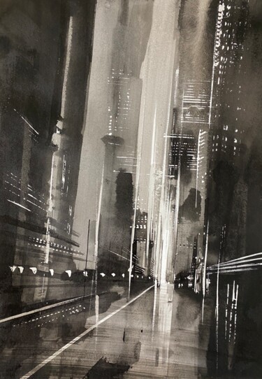 Tekening getiteld "Manhattan lights" door Jerome Guillet, Origineel Kunstwerk, Inkt