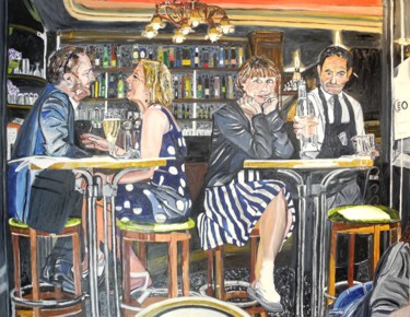 Painting titled "Bar à Montmartre -…" by Jerome Labrunerie (GEO), Original Artwork, Oil Mounted on Wood Stretcher frame