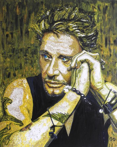 Painting titled "Johnny Halliday" by Jerome Labrunerie (GEO), Original Artwork, Oil Mounted on Wood Stretcher frame