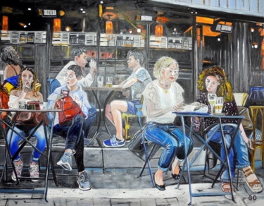 Painting titled "Terrasse Parisienne…" by Jerome Labrunerie (GEO), Original Artwork, Oil Mounted on Wood Stretcher frame