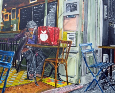 Painting titled "Rue Mouffetard" by Jerome Labrunerie (GEO), Original Artwork, Oil Mounted on Wood Stretcher frame