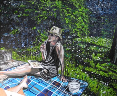 Malerei mit dem Titel "La fille sur l'herbe" von Jerome Labrunerie (GEO), Original-Kunstwerk, Öl Auf Keilrahmen aus Holz mon…