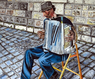 Painting titled "L'accordéoniste" by Jerome Labrunerie (GEO), Original Artwork, Oil Mounted on Wood Stretcher frame