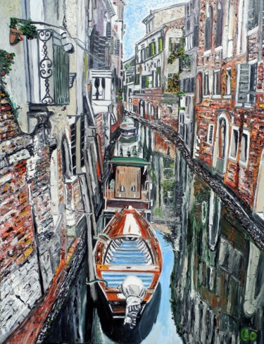 Painting titled "La Cité des Eaux" by Jerome Labrunerie (GEO), Original Artwork, Oil Mounted on Wood Stretcher frame