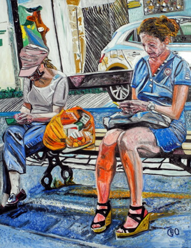 Painting titled "Banc public" by Jerome Labrunerie (GEO), Original Artwork, Oil Mounted on Wood Stretcher frame