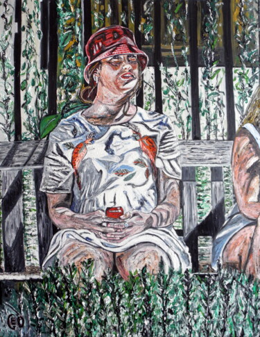 Malerei mit dem Titel "Pause soda au jardi…" von Jerome Labrunerie (GEO), Original-Kunstwerk, Öl Auf Keilrahmen aus Holz mon…