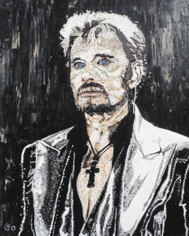 Painting titled "Johnny Halliday 2018" by Jerome Labrunerie (GEO), Original Artwork, Oil Mounted on Wood Stretcher frame