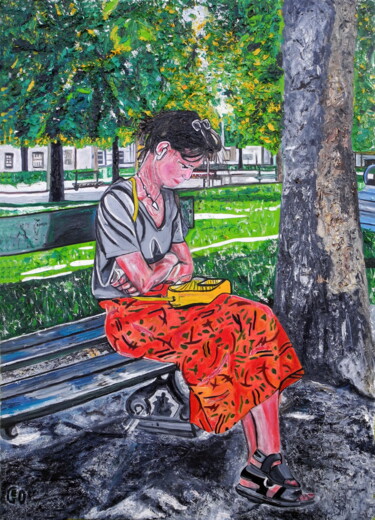Ζωγραφική με τίτλο "Young girl on a ben…" από Jerome Labrunerie (GEO), Αυθεντικά έργα τέχνης, Λάδι Τοποθετήθηκε στο Ξύλινο φ…