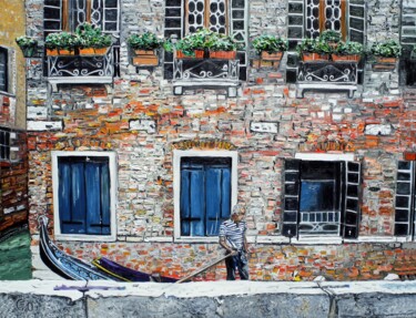 Pittura intitolato "Gondolier. Venise." da Jerome Labrunerie (GEO), Opera d'arte originale, Olio Montato su Telaio per barel…