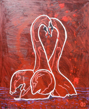 Painting titled "Red swans" by Jerome Labrunerie (GEO), Original Artwork, Oil Mounted on Wood Stretcher frame