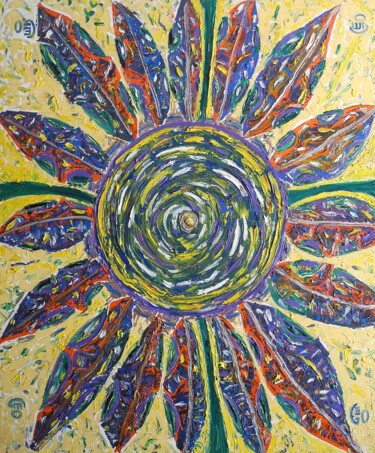 Painting titled "Universal sunflower" by Jerome Labrunerie (GEO), Original Artwork, Oil Mounted on Wood Stretcher frame