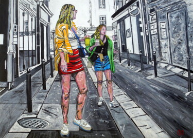 Painting titled "Jeunes filles rue d…" by Jerome Labrunerie (GEO), Original Artwork, Oil Mounted on Wood Stretcher frame
