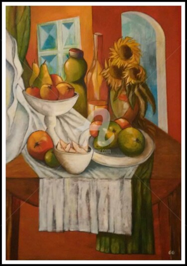Painting titled "Pommes et tournesols" by Gg ( Gégé), Original Artwork, Acrylic