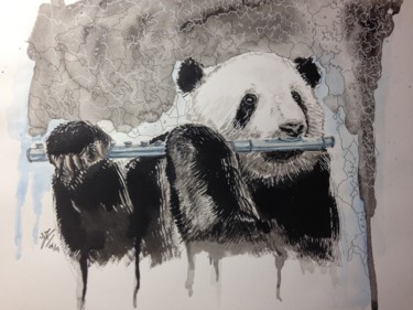 Картина под названием "flute panda.jpg" - Jérôme Royer, Подлинное произведение искусства, Акварель