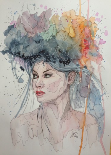 Painting titled "regard de côté" by Jérôme Royer, Original Artwork, Watercolor