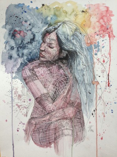 Painting titled "space woman" by Jérôme Royer, Original Artwork, Watercolor