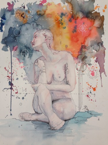 Painting titled "naissance" by Jérôme Royer, Original Artwork, Watercolor