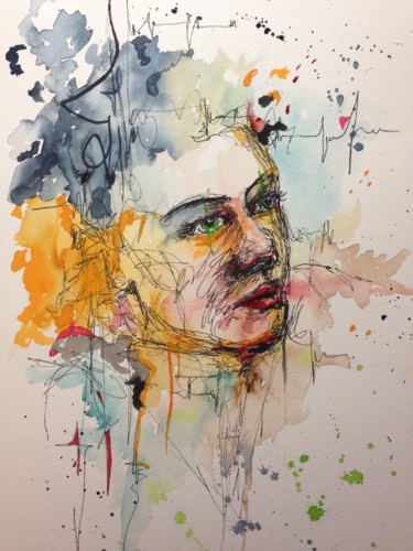 Painting titled "les yeux vert" by Jérôme Royer, Original Artwork, Ink