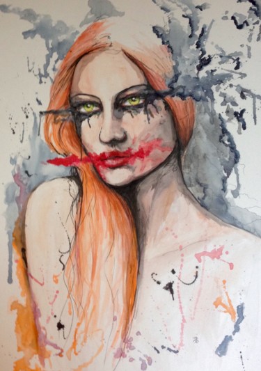 Painting titled "ugly make-up 6" by Jérôme Royer, Original Artwork, Watercolor Mounted on Wood Stretcher frame