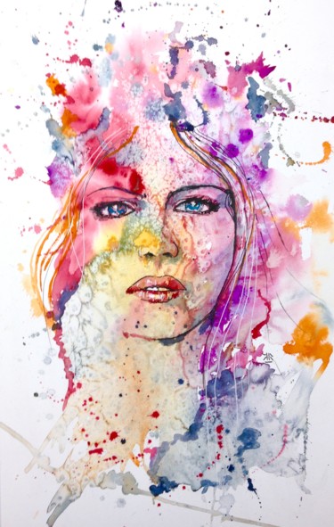 Картина под названием "colorful face" - Jérôme Royer, Подлинное произведение искусства, Чернила
