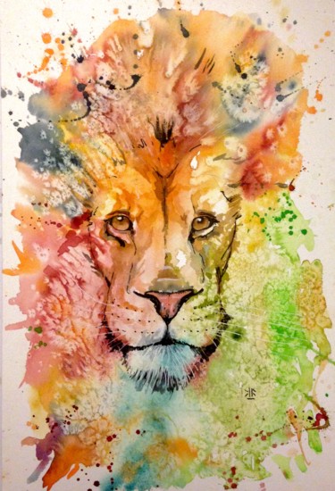 Картина под названием "lion" - Jérôme Royer, Подлинное произведение искусства, Акварель