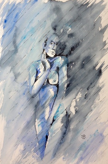 Painting titled "50 shades of blue" by Jérôme Royer, Original Artwork, Watercolor