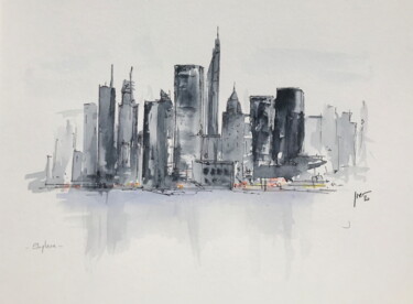 Malerei mit dem Titel "Skyline 1" von Jérôme Schreiber, Original-Kunstwerk, Aquarell