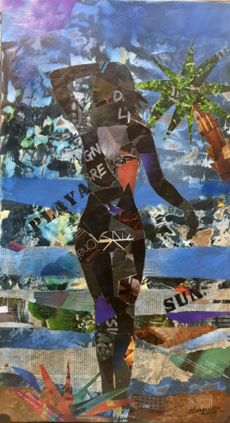 Collages titled "silhouette plage" by Jerome Vassard, Original Artwork, Collages Mounted on Wood Panel