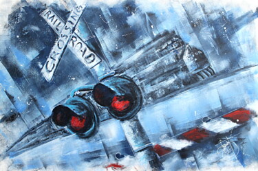 Painting titled "Railroad crossing" by Jerome Brillat, Original Artwork, Acrylic Mounted on Wood Stretcher frame