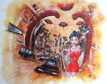 Painting titled "Chinatown" by Jerome Brillat, Original Artwork, Acrylic Mounted on Wood Stretcher frame