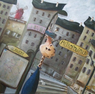 Peinture intitulée "Girafe à Pigalle" par Jerome Brillat, Œuvre d'art originale