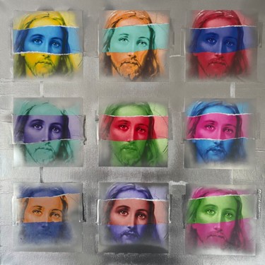 Collagen mit dem Titel "Jesus a la Warhol II" von Jerome Cholet, Original-Kunstwerk, Collagen