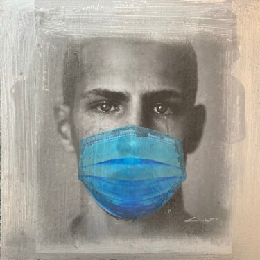 Augusta Cry Corona Silver-Blue Malerei mit dem Titel "Augusta Cry Corona…" von Jerome Cholet, Original-Kunstwerk, Collagen Auf Holzplatte montiert