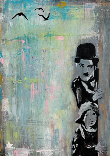 Painting titled "Chaplin I" by Jerónimo Diaz, Original Artwork, Acrylic Mounted on Wood Panel