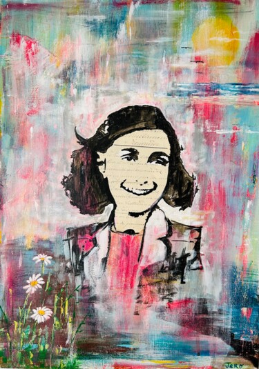 Painting titled "ANA FRANK" by Jerónimo Diaz, Original Artwork, Oil Mounted on Wood Stretcher frame