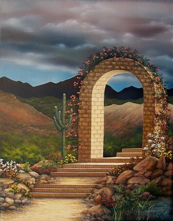 Painting titled ""Arched Walkway"" by Jerry Sauls, Original Artwork, Oil