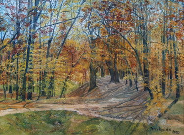 Painting titled "Park - deby nad Odr…" by Jerzy Kosinski, Original Artwork, Oil Mounted on Wood Stretcher frame