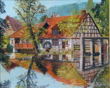 Malerei mit dem Titel "Mlyn na styl pruski" von Jerzy Kosinski, Original-Kunstwerk, Öl Auf Keilrahmen aus Holz montiert