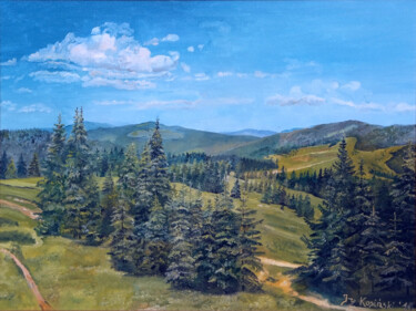 Painting titled "Bieszczady" by Jerzy Kosinski, Original Artwork, Oil Mounted on Wood Stretcher frame